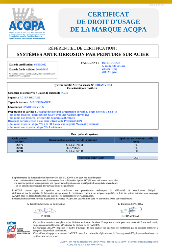 certificat de droit d'usage de la marque ACQPA Intercolor certificat de droit d'usage de la marque ACQPA Intercolor
