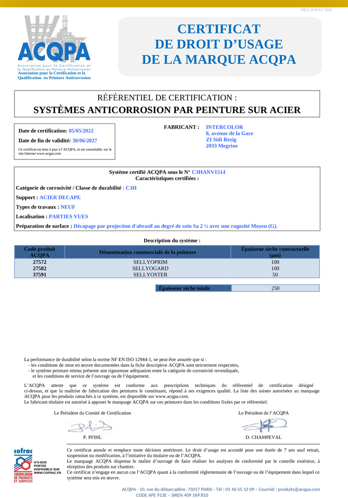 certificat de droit d'usage de la marque ACQPA Intercolor certificat de droit d'usage de la marque ACQPA Intercolor