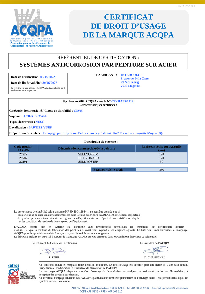 certificat de droit d'usage de la marque ACQPA Intercolor certificat de droit d'usage de la marque ACQPA Intercolor